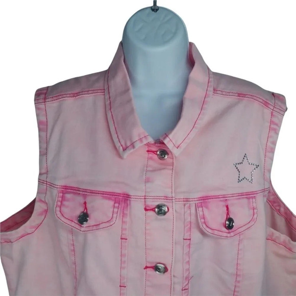 Claire France Sleeveless Stretch Jean Jacket  Faded Pink Salmon Orange Silver 16 - Picture 2 of 8